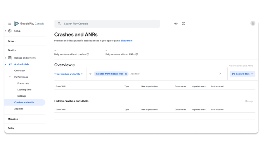 Android vitals in the Google Play Console