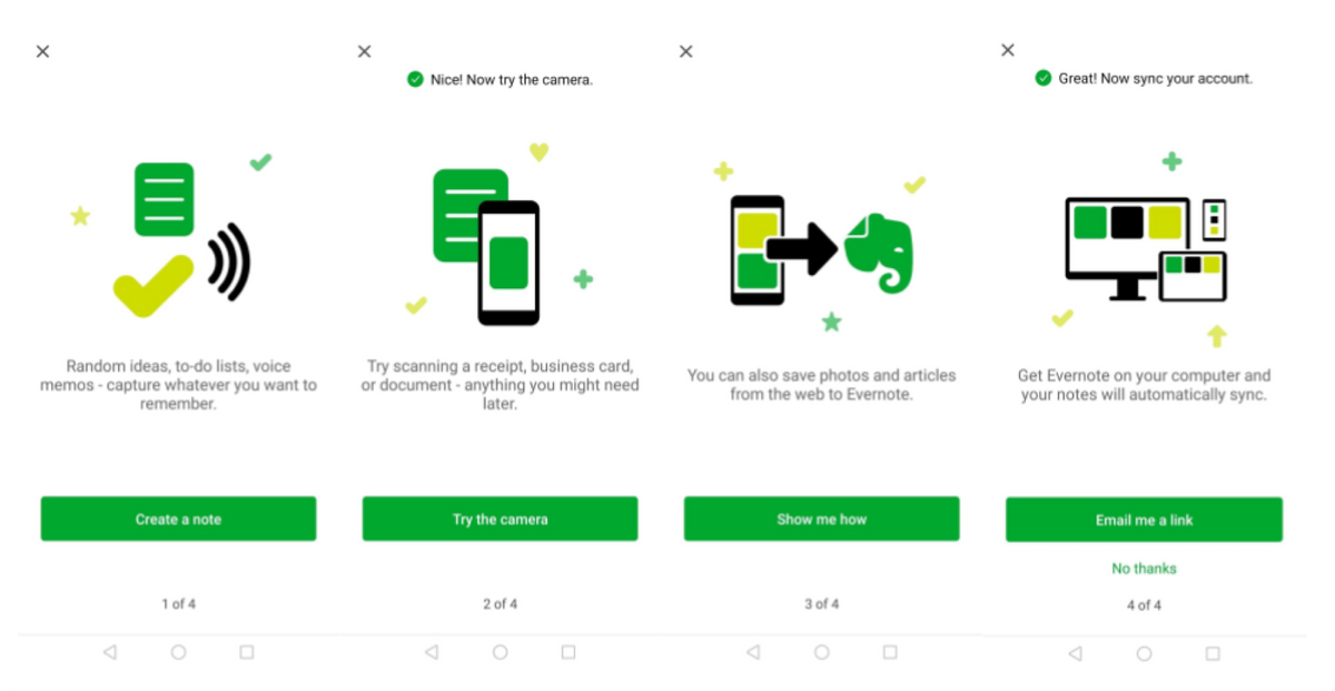 Evernote는 신규 사용자 온보딩 과정에서 경쟁력 있는 기능을 강조합니다.