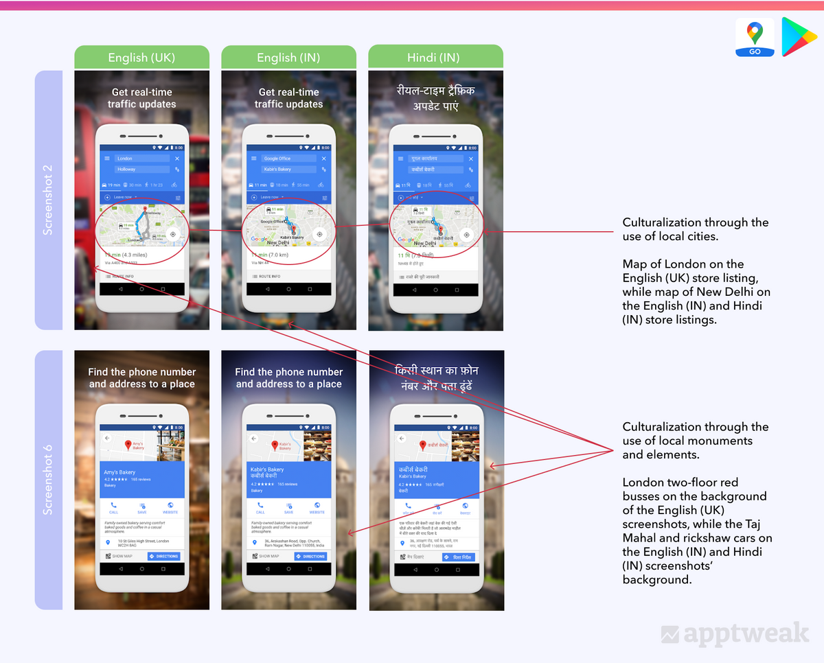 Google Maps Go 在 Google Play 印度版中不同语言的屏幕截图