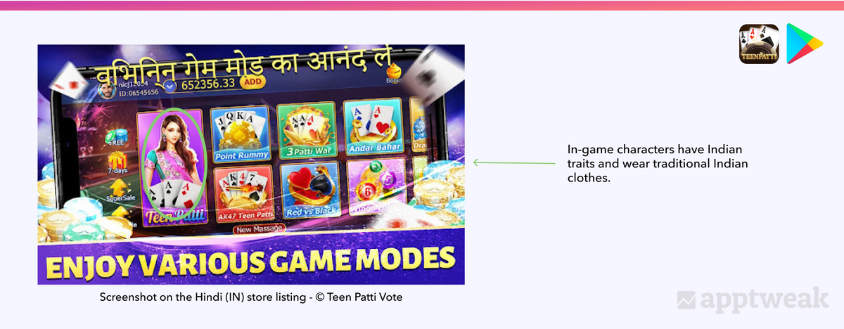 Teen Patti Vote 在 Google Play 上印地语应用商店列表的屏幕截图