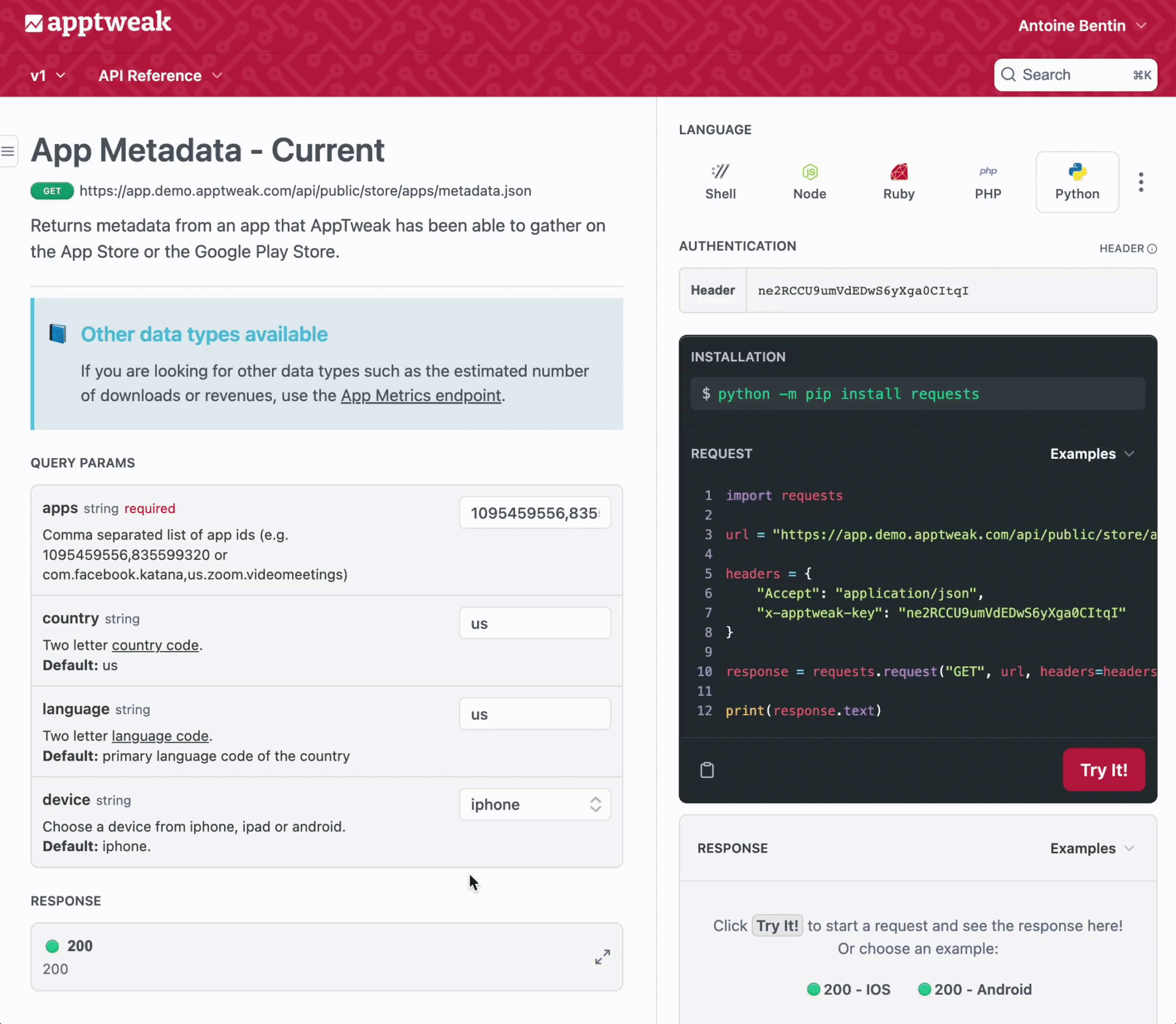 AppTweak new API live requests and interactive documentation