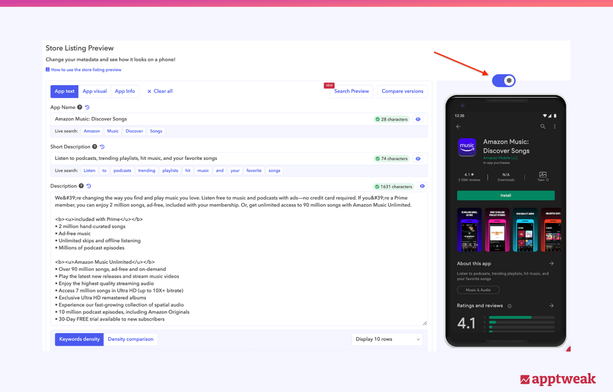 在 AppTweak 上以深色模式预览您的新元数据