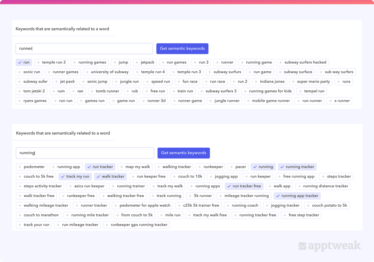 AppTweak Semantic Keywords picker: find keywords that are semantically close to each other in the context of an app store. 