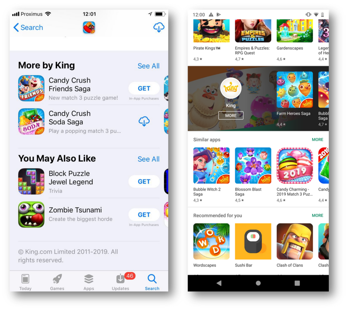 App Store 上 Candy Crush Saga 的“您可能喜欢的应用”与 Play Store 上同一应用的“相似应用”对比。