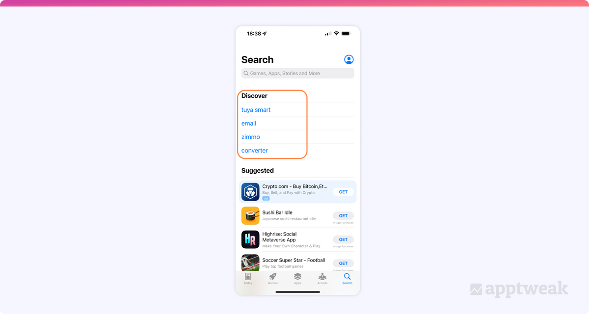 Trending keywords appear on the App Store under the Discover heading