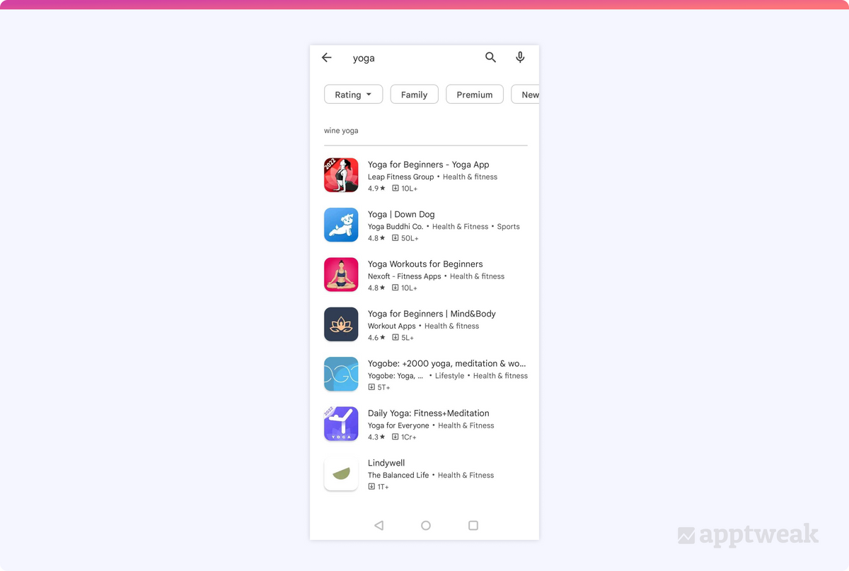 Google Play search results for the search term yoga