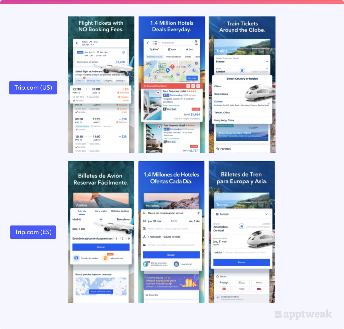 App screenshots for Trip.com in the US and Spain on the App Store