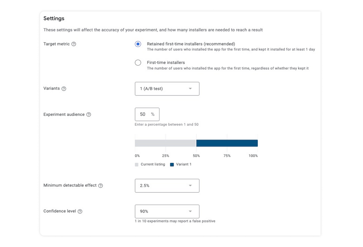 Settings Google Play store listing experiments