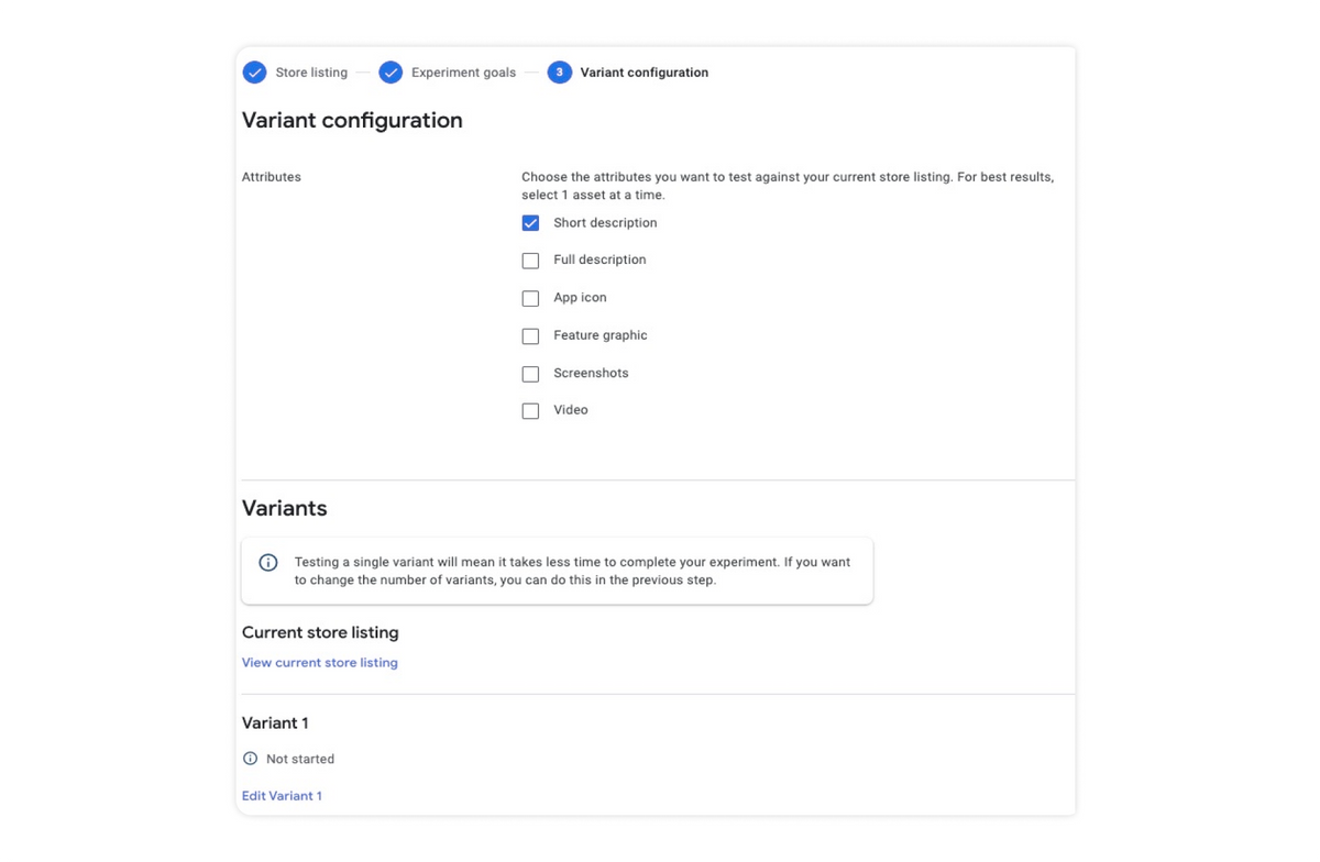 Variant configuration Google Play store listing experiments