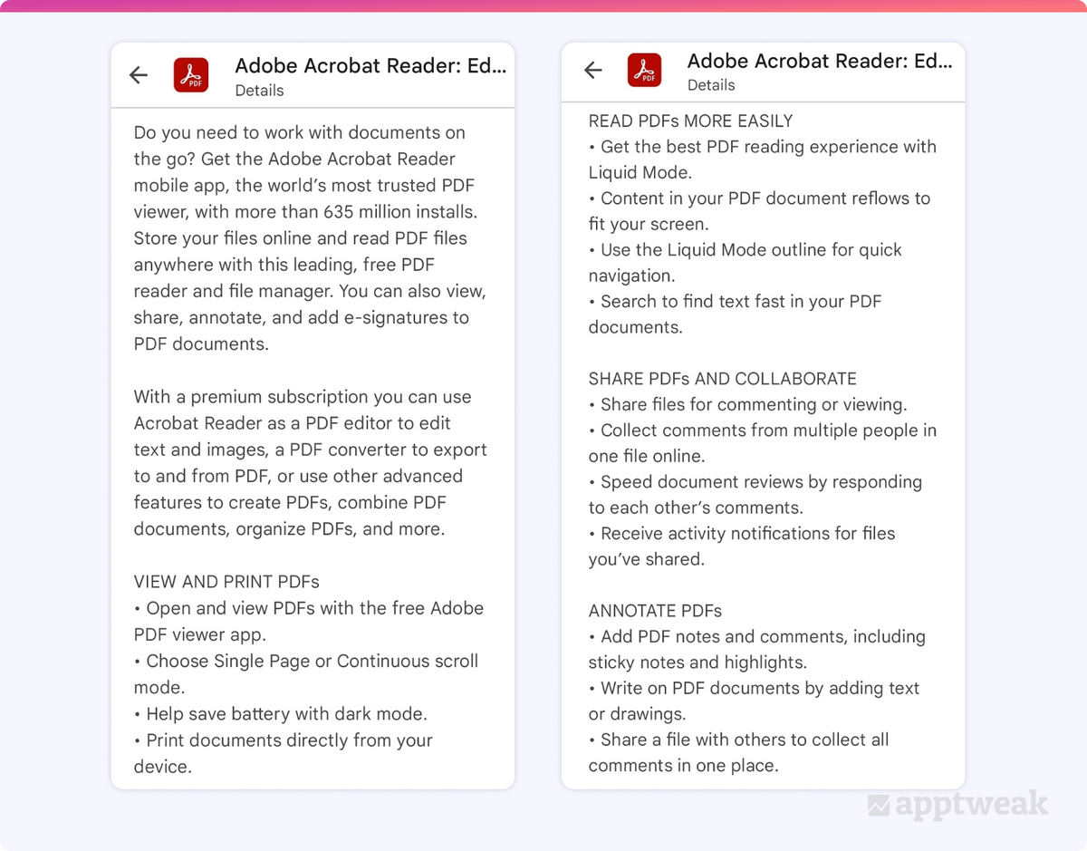 Acrobat Adobeは、Google Playのアプリ説明文に箇条書き形式を取り入れています。