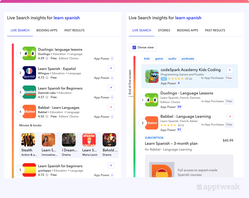 在美国 Google Play 和 App Store 中实时搜索关键词 learn spanish