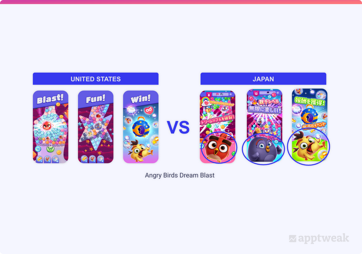 アングリーバード ドリームブラストは、日本のApp Storeのスクリーンショットでかわいいキャラクターを拡大しています