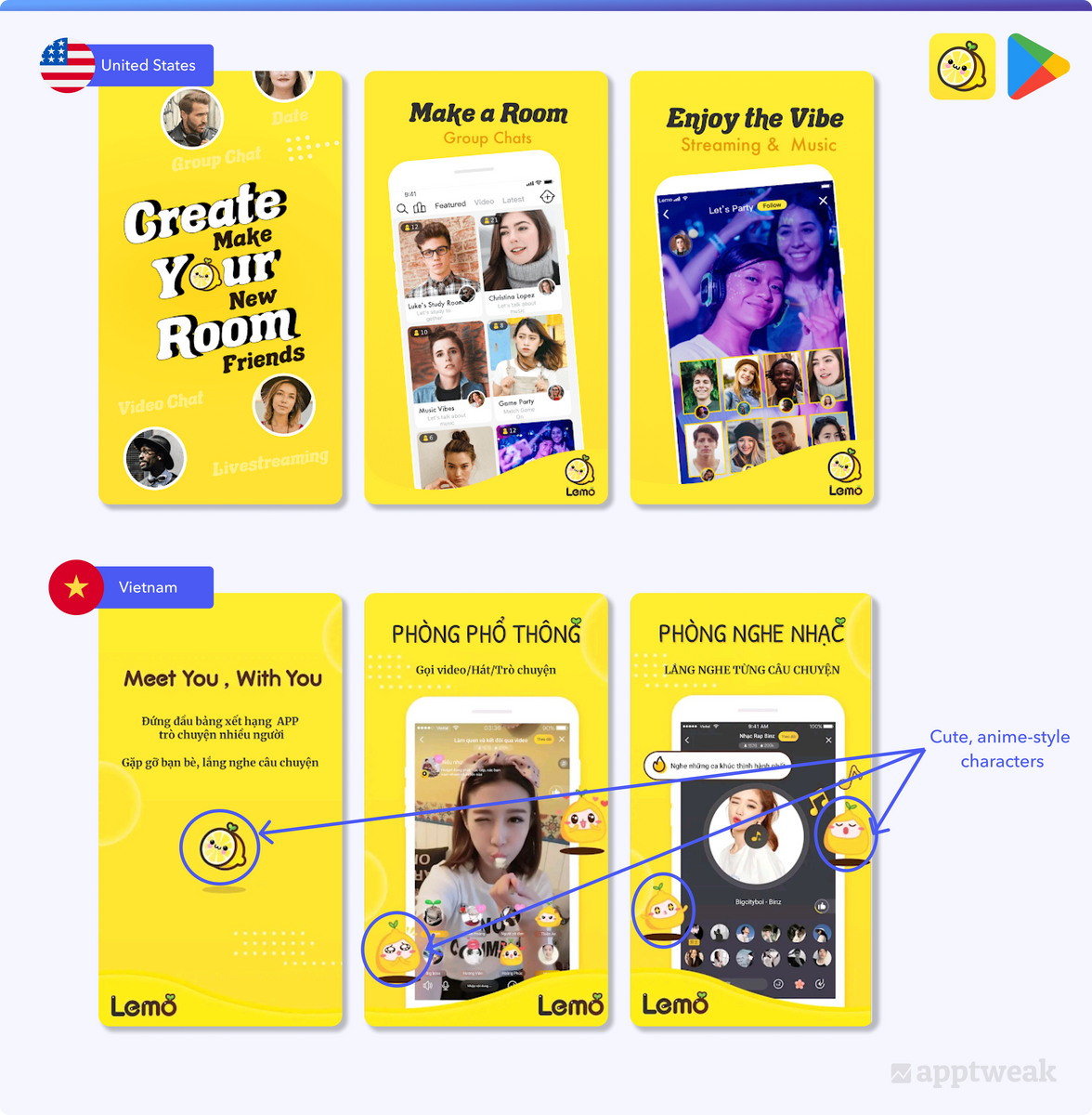 Example of Lemo using cute anime style characters in Vietnamese store listing