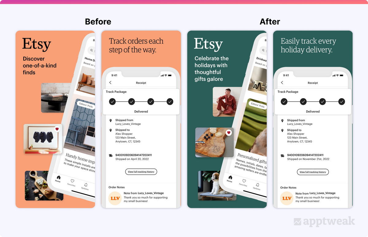Etsy 假日屏幕截图前后对比 