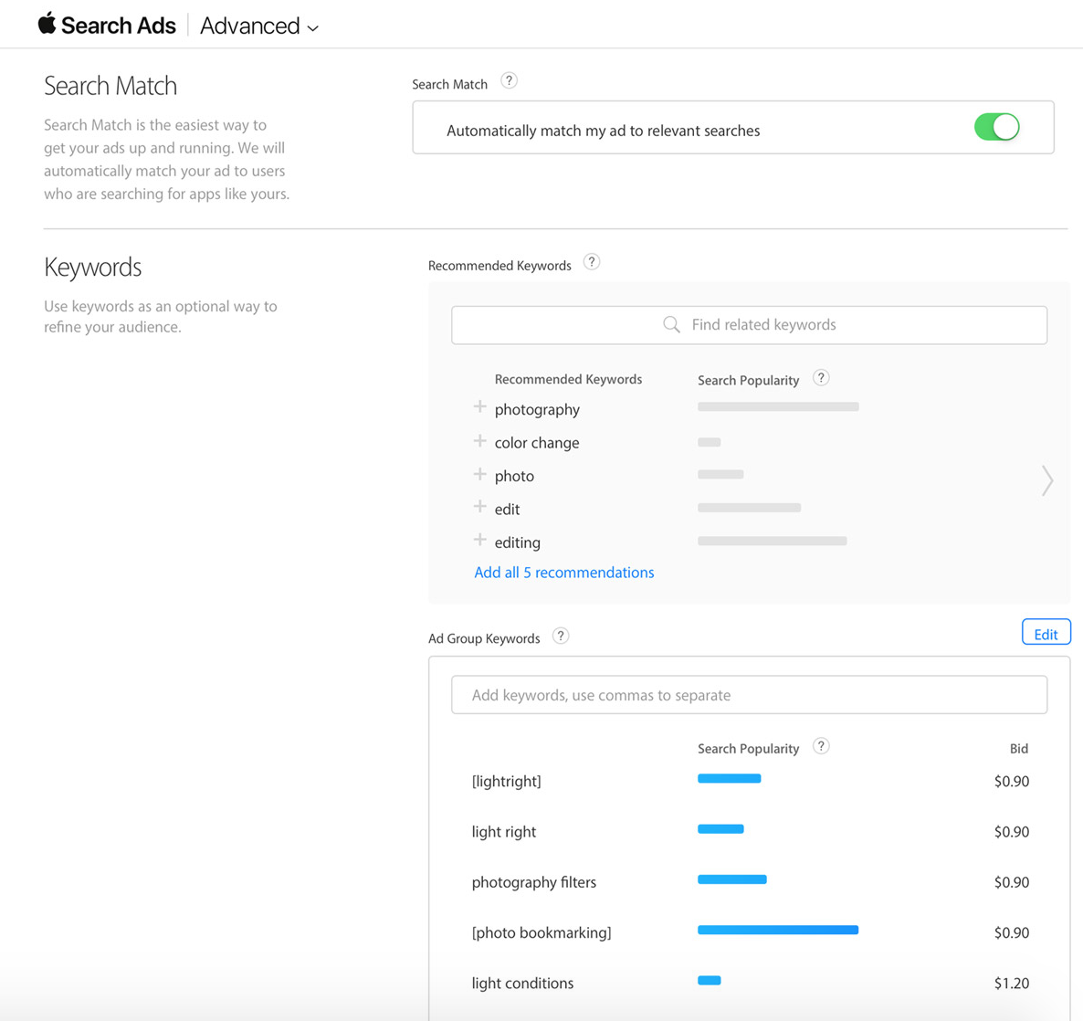Apple Search Ads Advanced - keyword selection