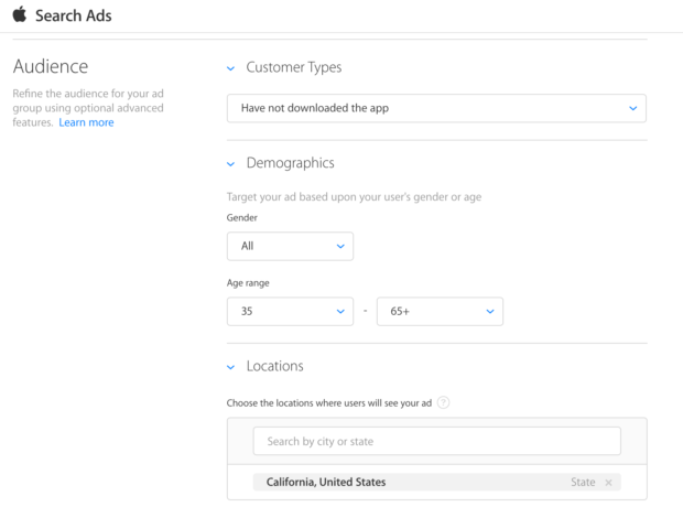 Apple Search Ads: audience selection