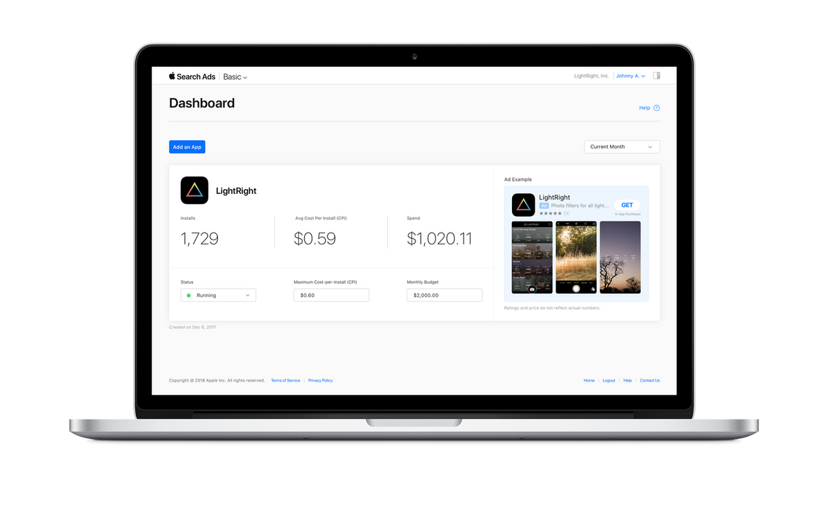Apple Search Ads Basic dashboard